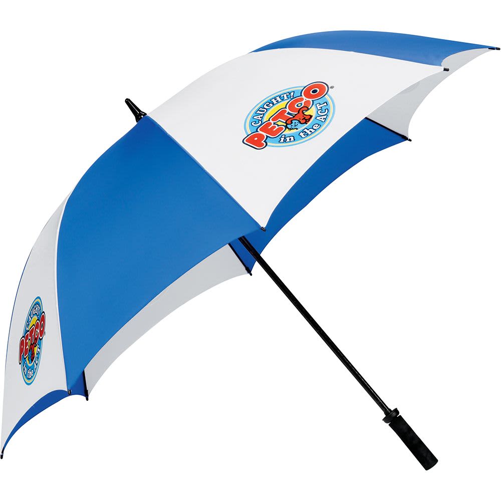 A black golf umbrella with a curved handle and a streamlined design, featuring a logo on the fabric.