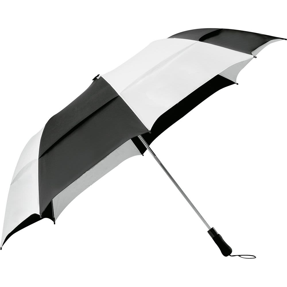 A vented folding umbrella in black and white with a sleek, modern design and a handle featuring a logo.