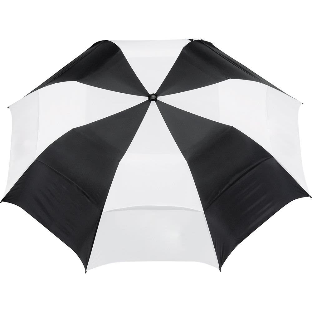 A vented folding umbrella in a black and white design, featuring a central opening mechanism and branding.