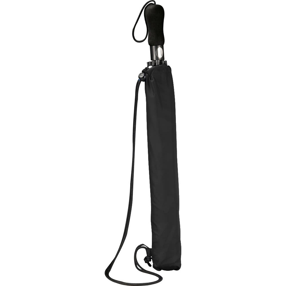 A black vented folding umbrella with a sleek handle and a protective sleeve, featuring a logo.
