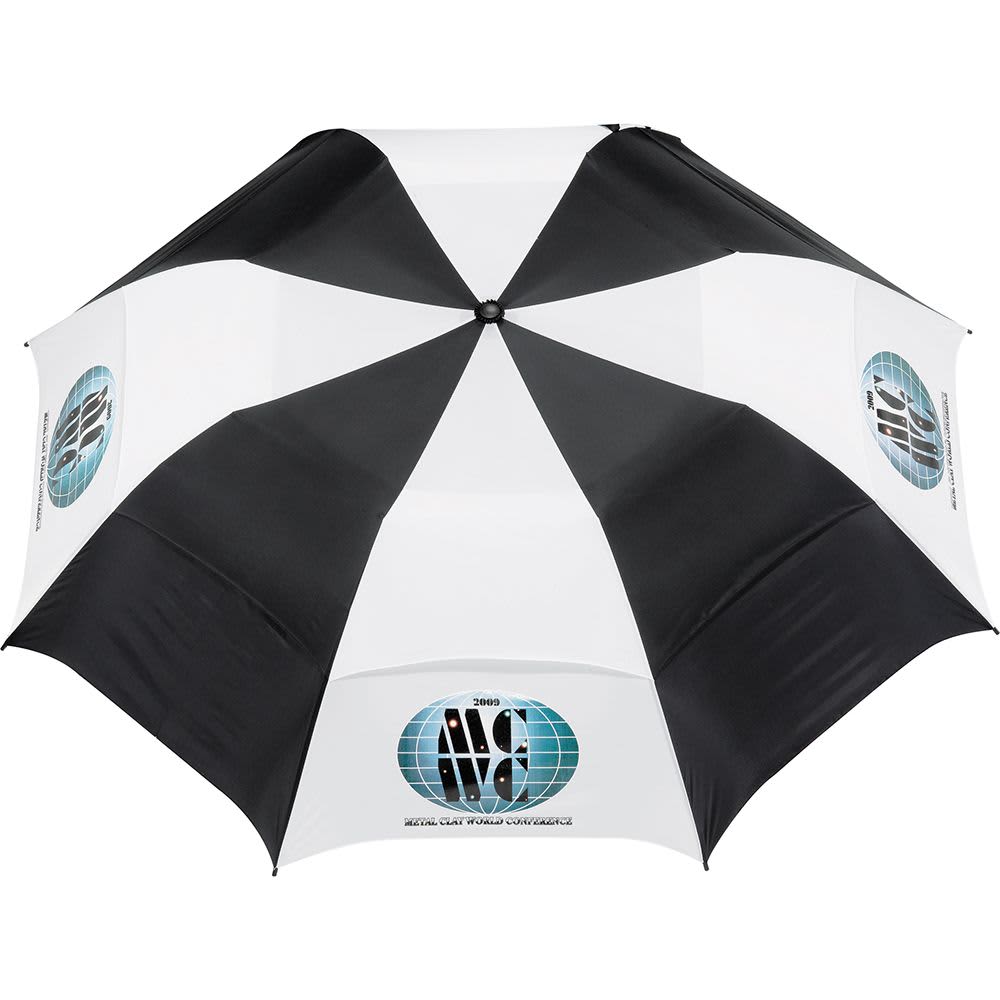A vented folding umbrella featuring a black and white striped design with a logo on the underside.