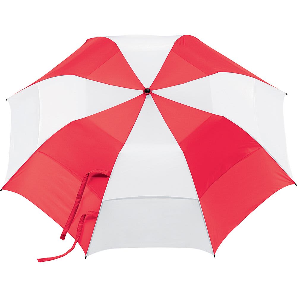 A vented folding umbrella in red and white, featuring a curved design and a central button. It has a logo.