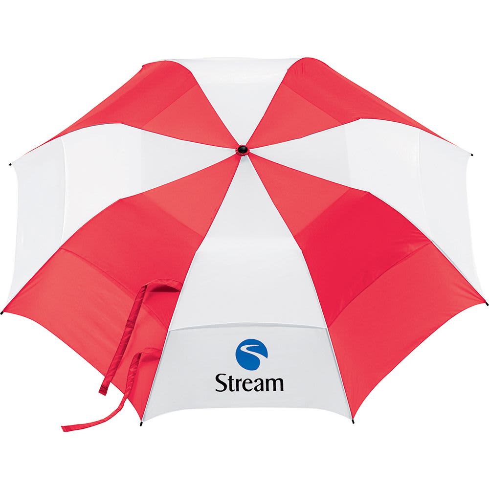 A red and white vented folding umbrella featuring a logo, ideal for outdoor use.