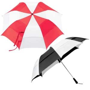 A vented folding umbrella with a red and white design on one side and a black and white design on the other, featuring a logo.