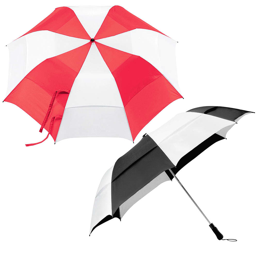 A vented folding umbrella with a red and white design on one side and a black and white design on the other, featuring a logo.