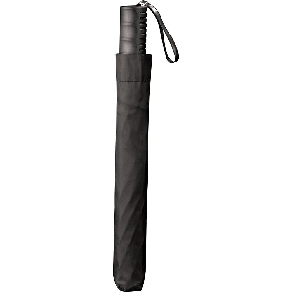 A black folding auto umbrella with a sleek handle and a protective cover featuring a wrist strap.