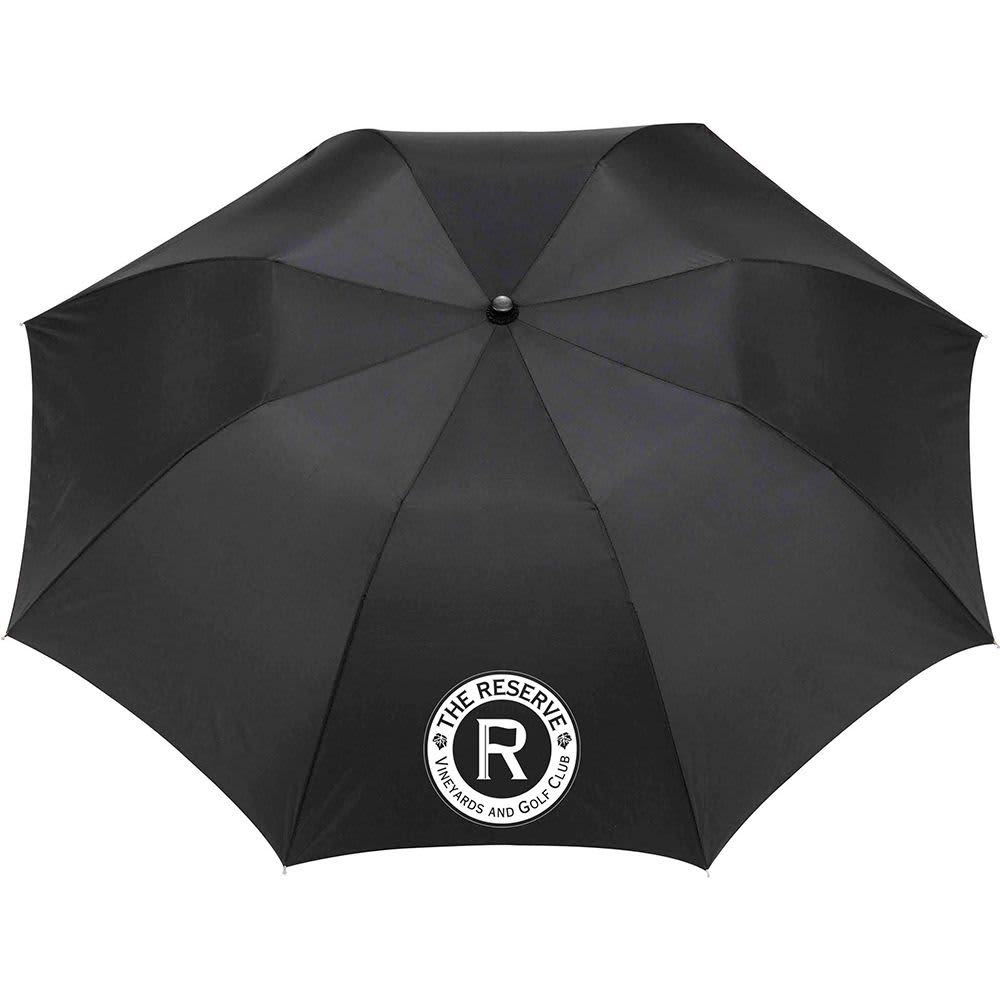 A black folding auto umbrella with a circular logo on the canopy.