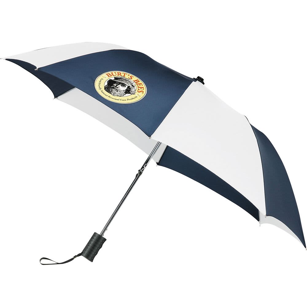 A navy and white folding auto umbrella featuring a logo. Suitable for leisure and outdoor use.
