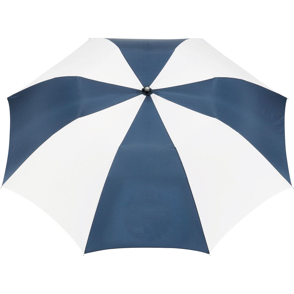 A navy blue and white striped folding umbrella with a central opening mechanism. It features a logo on the handle.