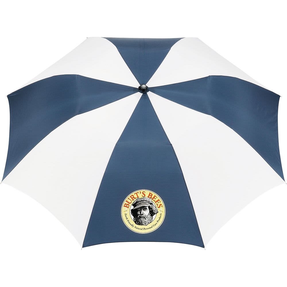 A navy and white striped folding umbrella featuring a circular logo. It has a sturdy handle and a compact design.