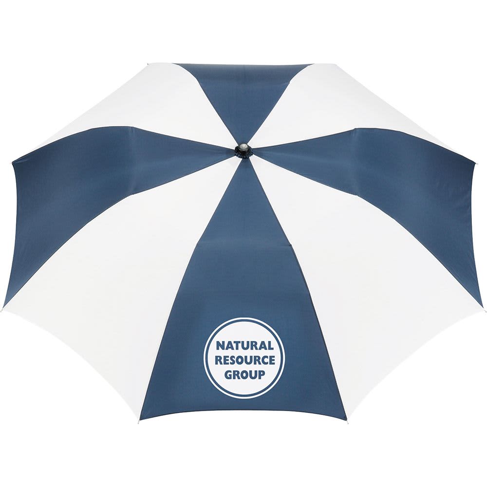 A navy and white striped auto umbrella featuring a round logo at the centre.