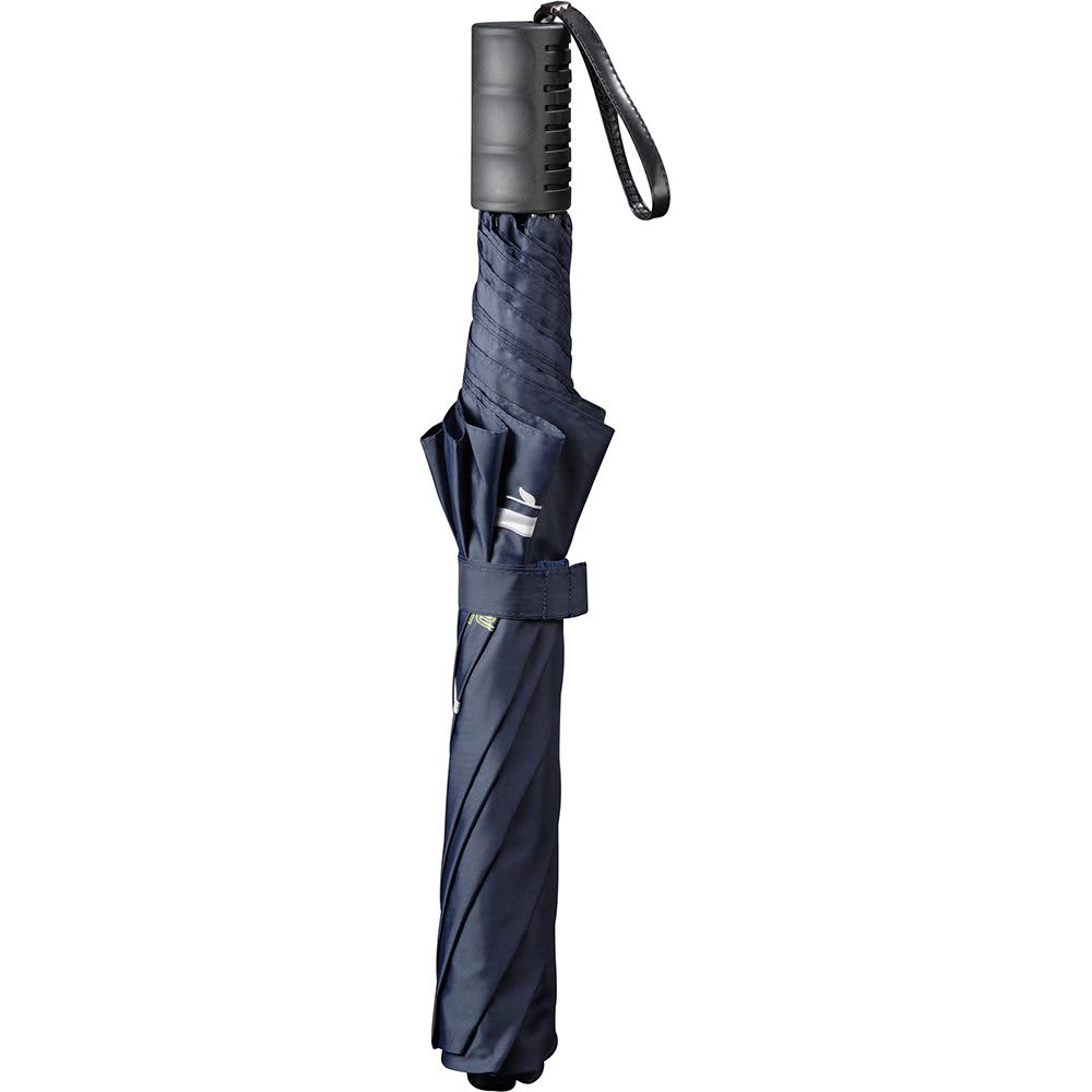 A navy folding auto umbrella with a black handle and a strap, secured with a fabric tie.