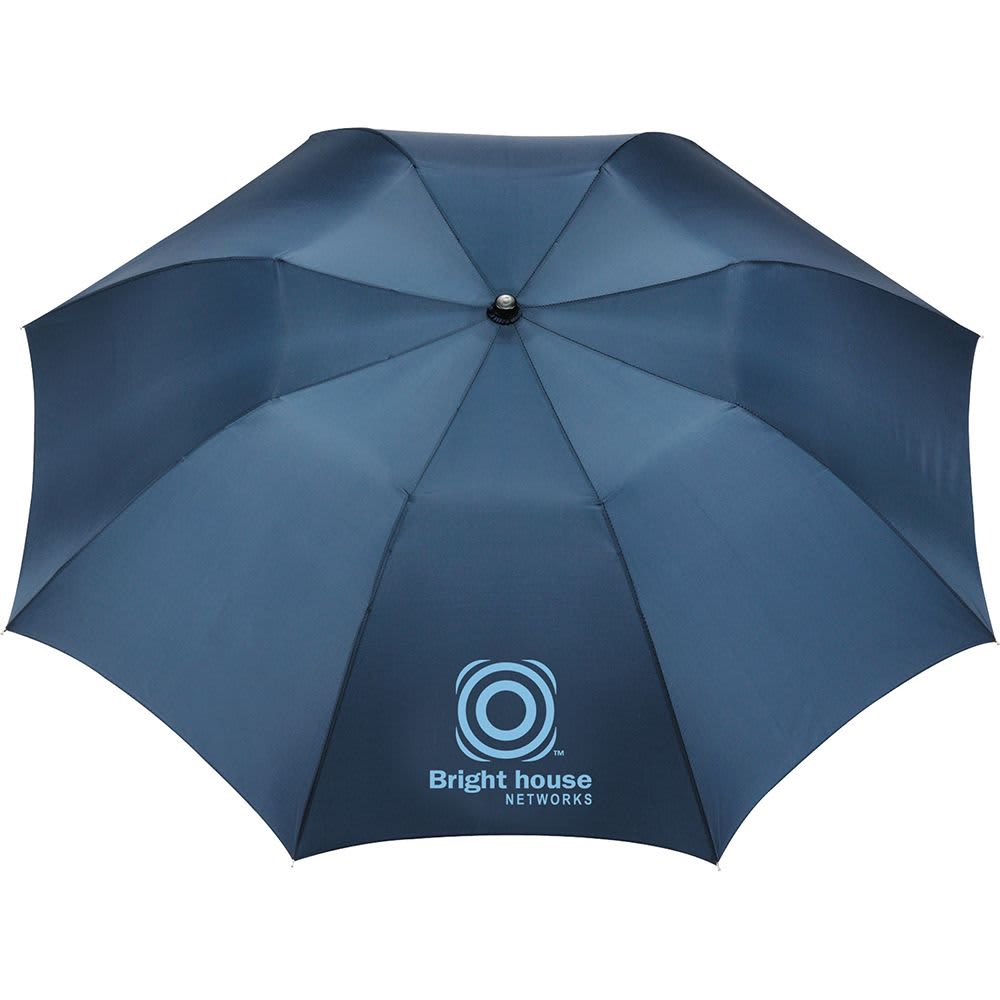 A navy blue folding auto umbrella with a logo. The canopy is open, showcasing its full size and structure.