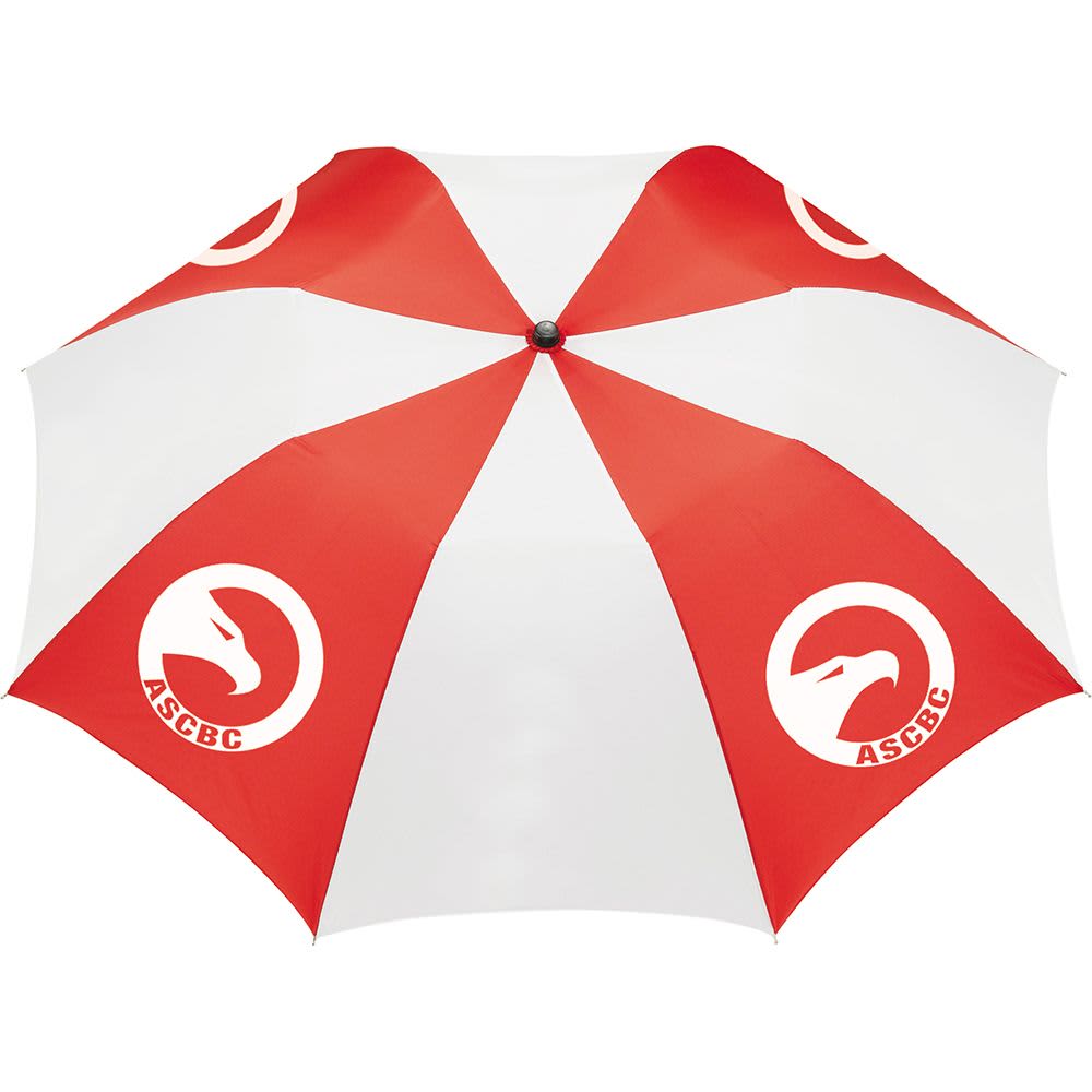 A red and white folding auto umbrella featuring a circular logo on its panels.