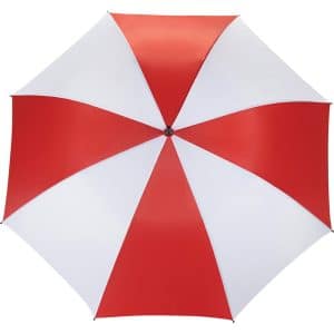A red and white striped umbrella with a central handle, suitable for outdoor leisure use. It has a logo on the canopy.