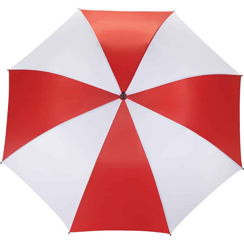 A red and white striped umbrella with a central handle, suitable for outdoor leisure use. It has a logo on the canopy.