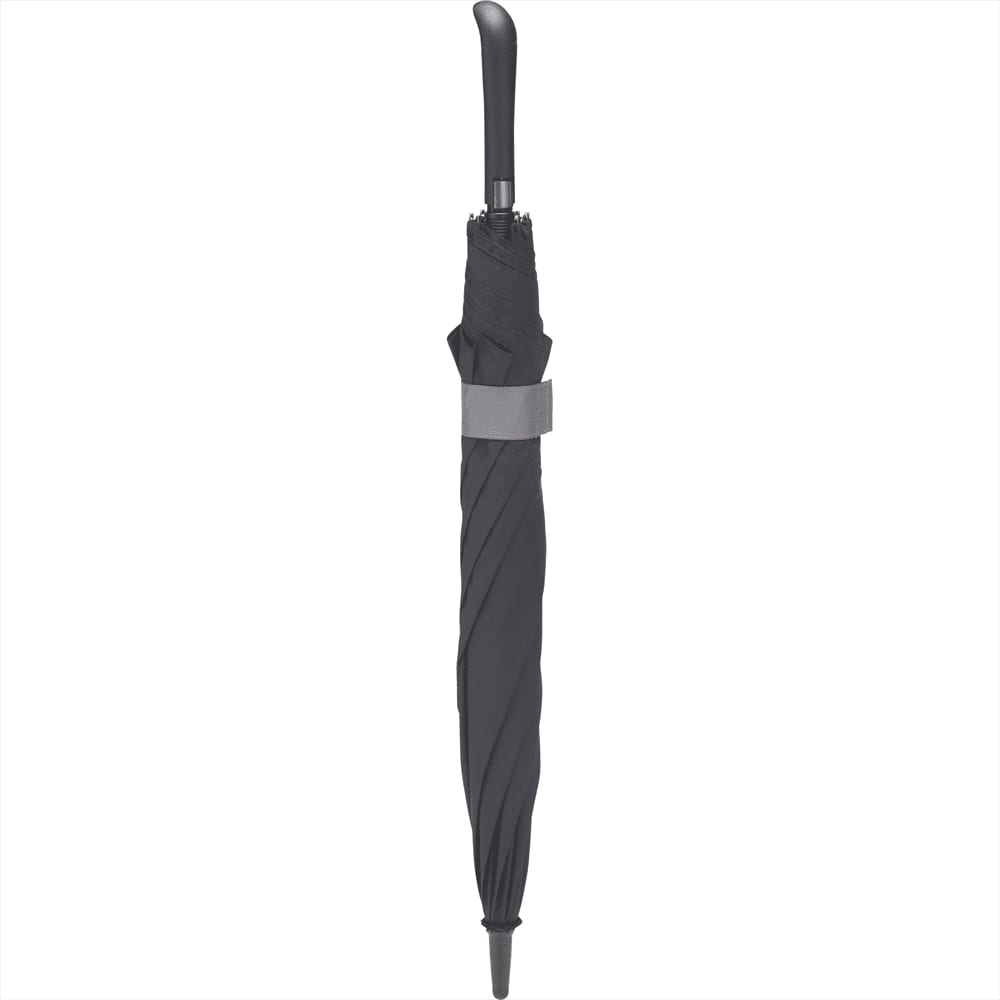 A black expanding auto open umbrella with a smooth, sleek design, featuring a central handle and a logo.