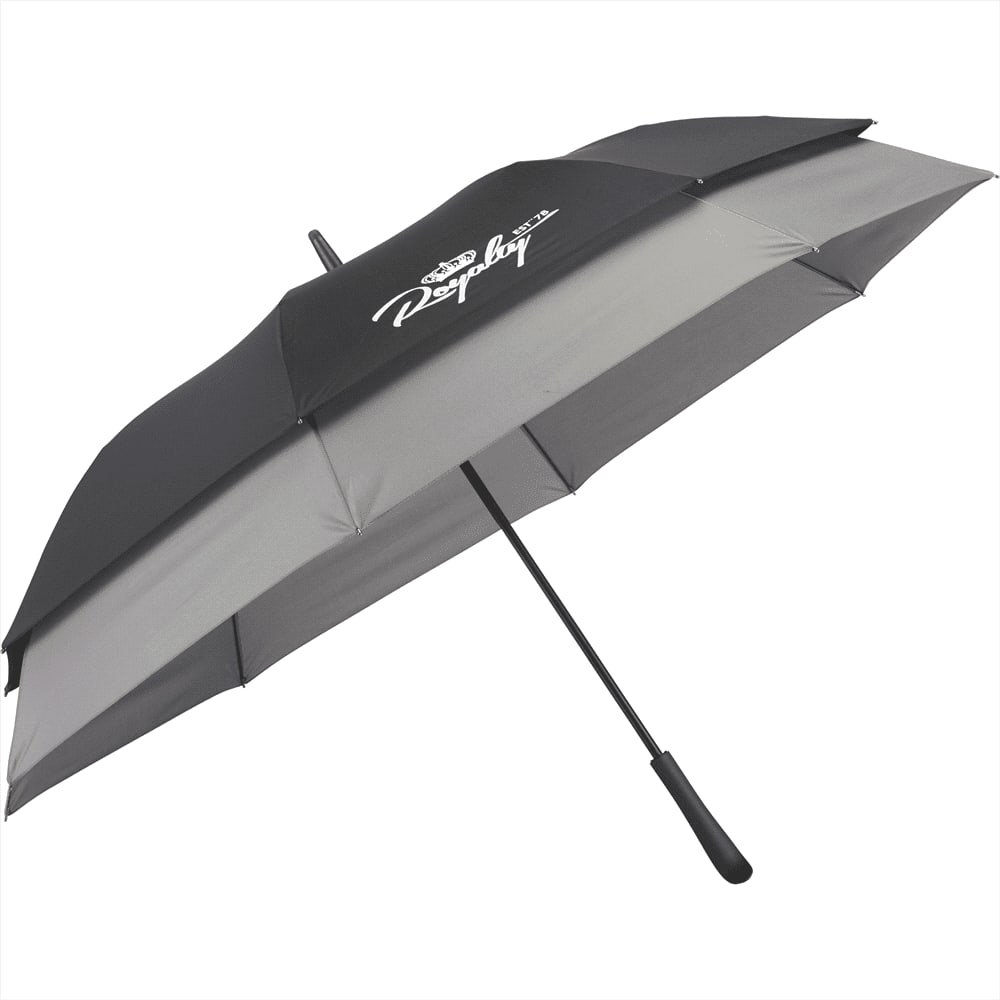 An expanding auto open umbrella featuring a black and blue design, with a handle and a logo.