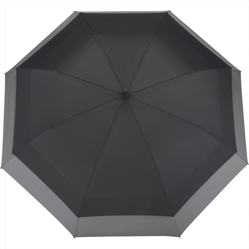 An expanding auto open umbrella in black and grey featuring a handle and a logo.