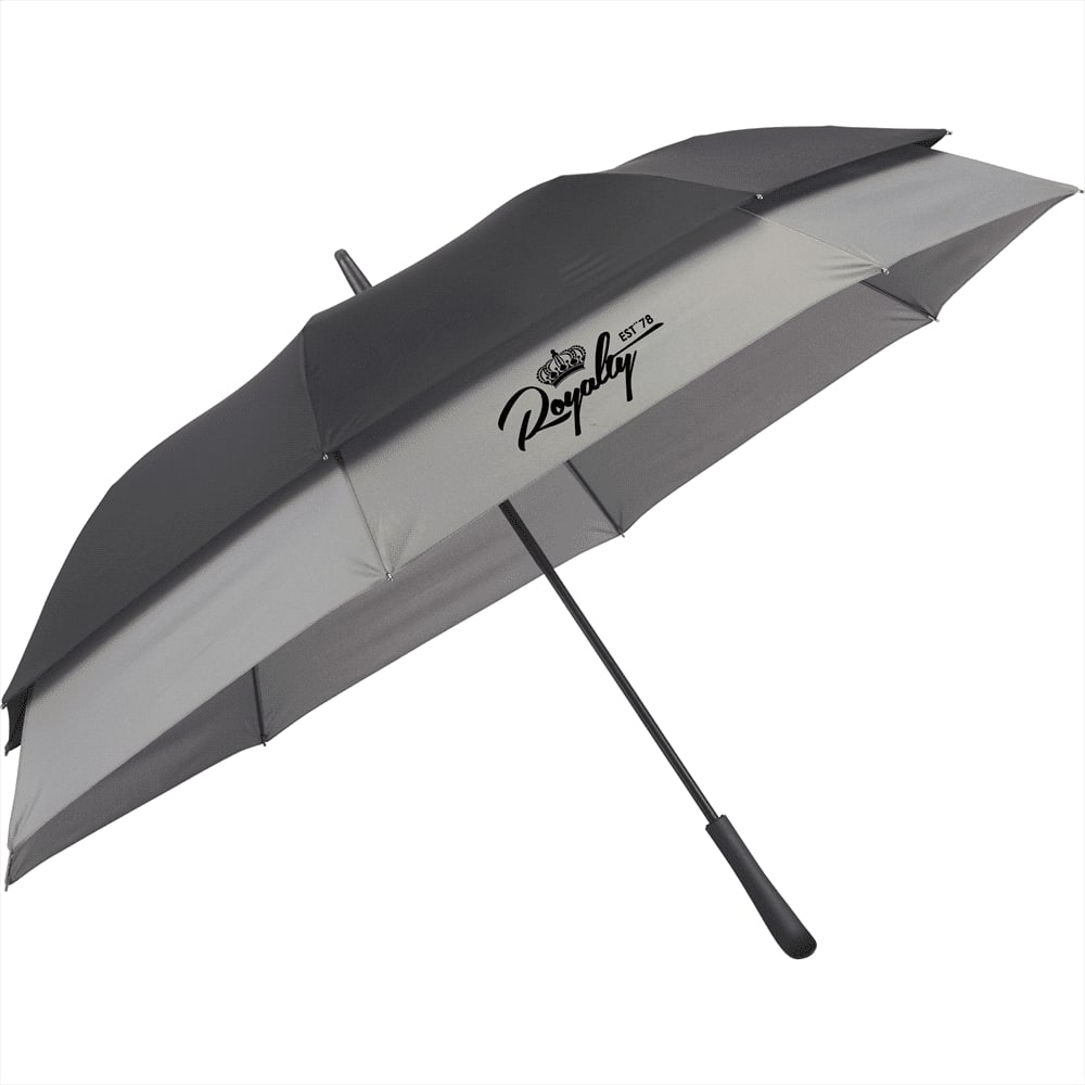 A black expanding auto open umbrella featuring a brand logo on the canopy.