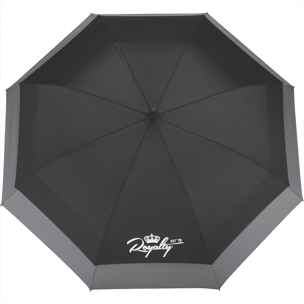 An expanding auto open umbrella with a navy blue canopy and black inner lining, featuring a logo.