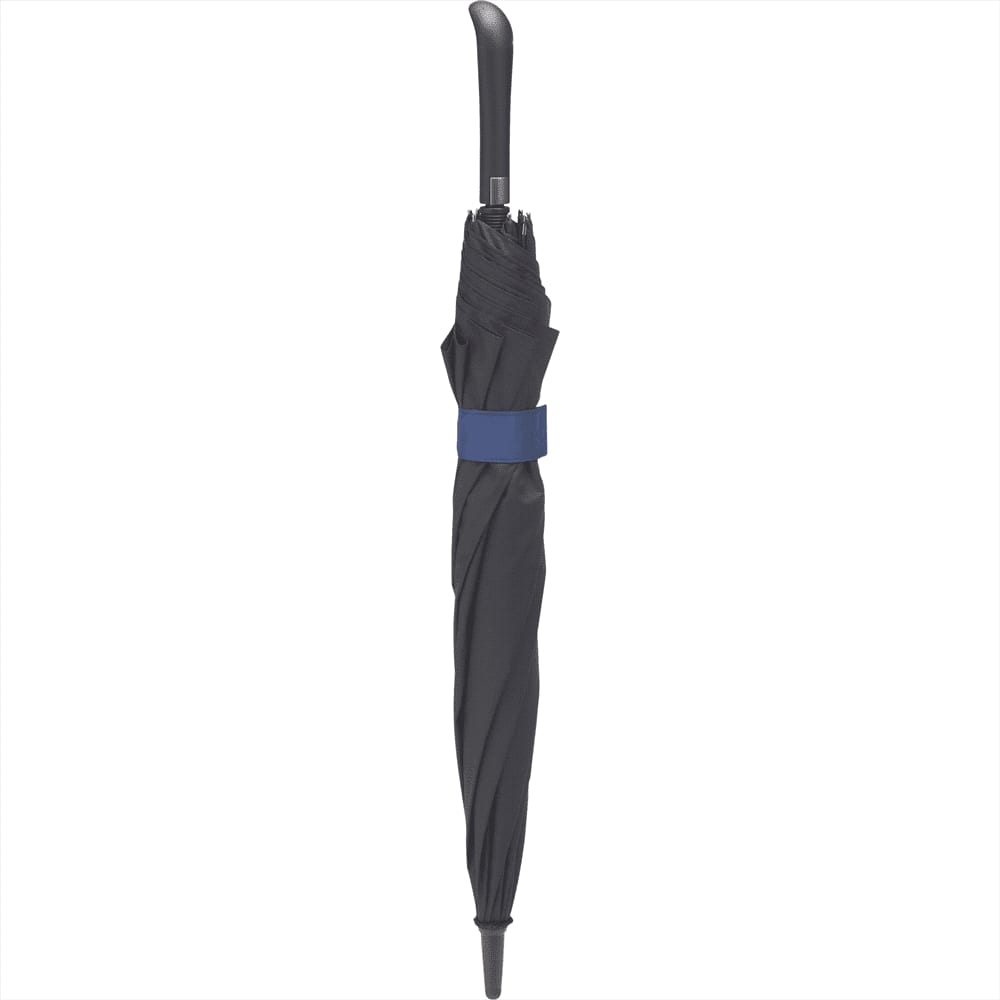 A black expanding auto open umbrella with a curved handle and a secure strap. It features a logo on the fabric.