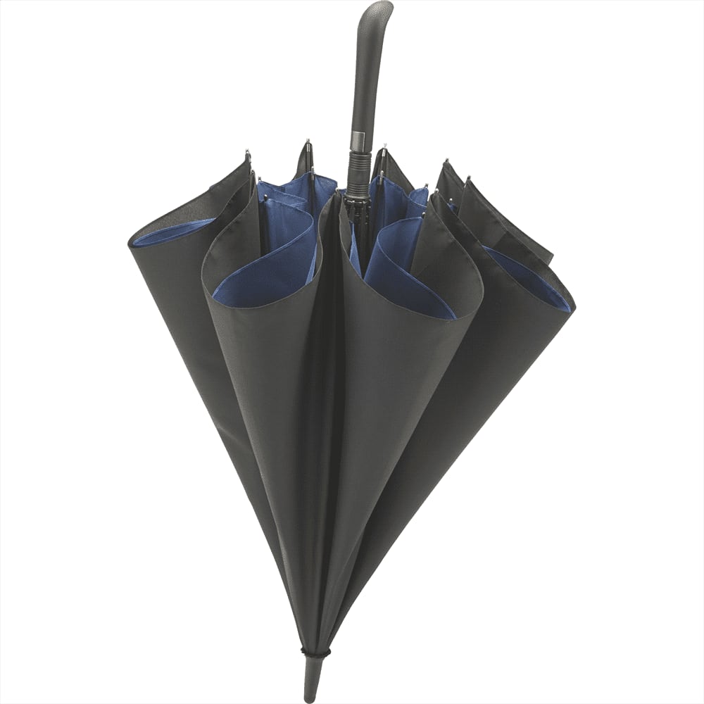 A black expanding auto open umbrella with a blue strap holding it closed. It features a curved handle and a logo.