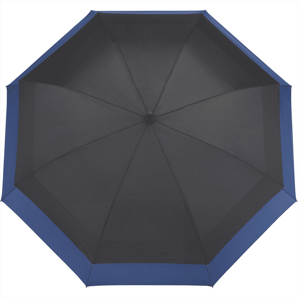 A black expanding auto open umbrella with multiple sections and a curved handle, featuring a logo.