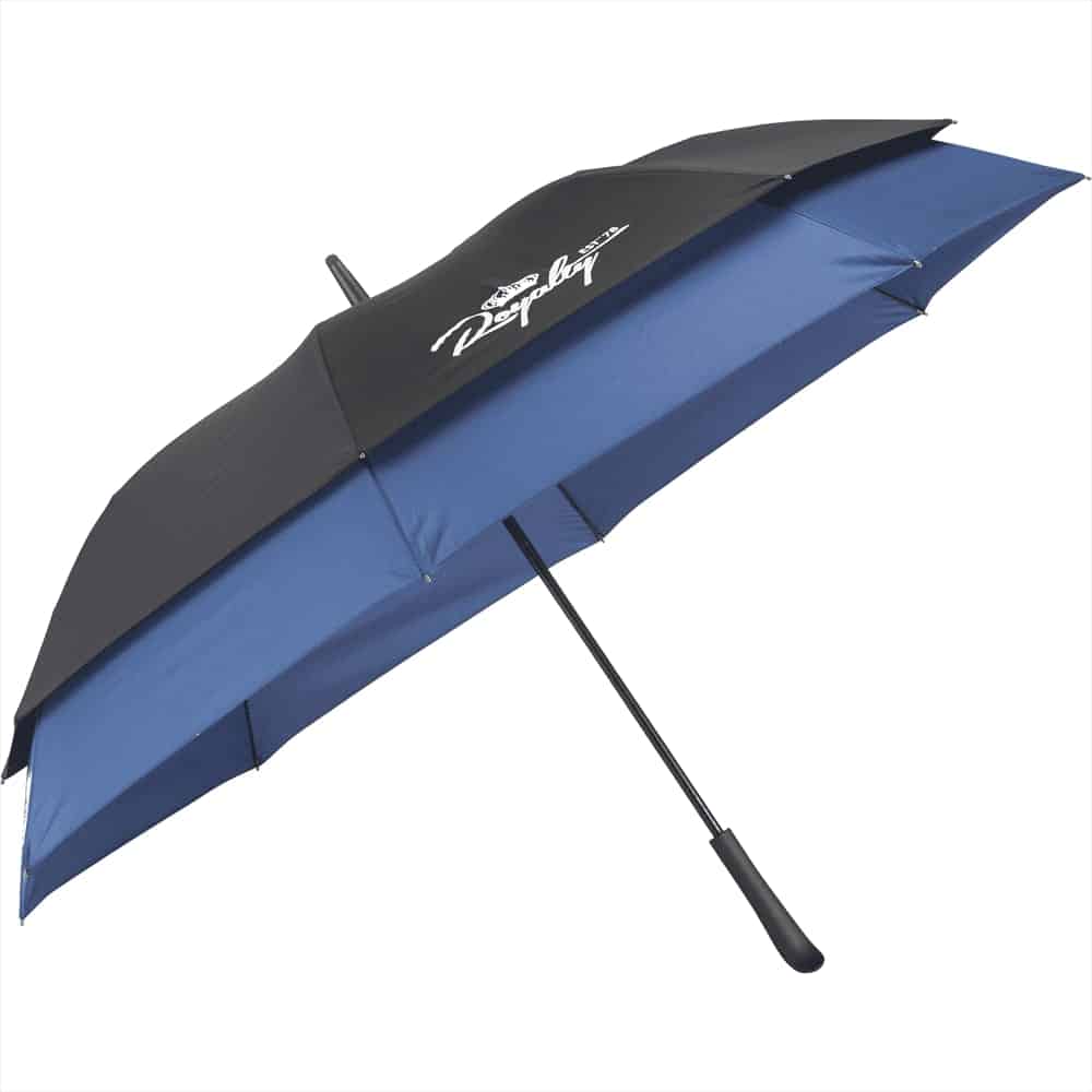 A black umbrella with a blue interior, featuring a curved handle and a compact design. It includes a logo.