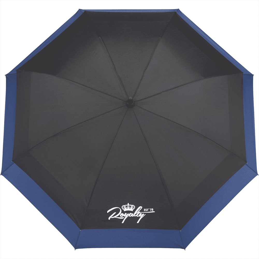 A black and grey expanding auto open umbrella with a handle and a logo on the fabric.