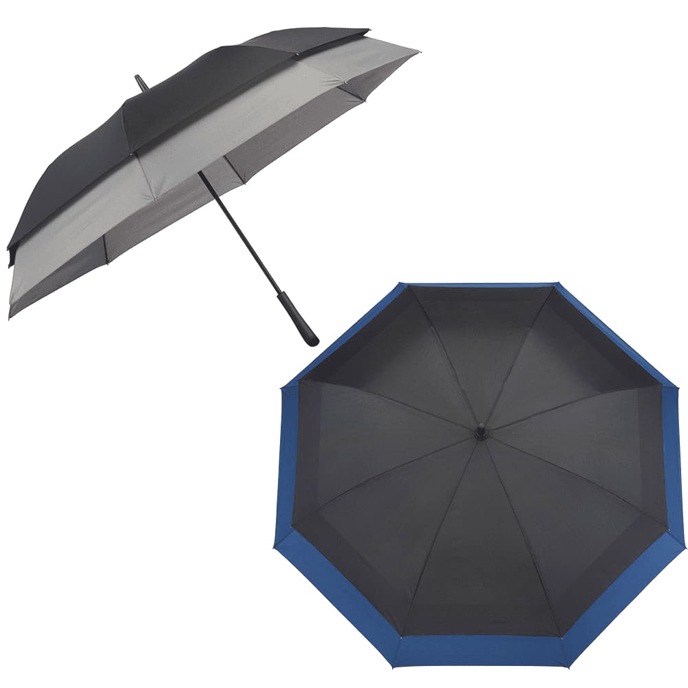 An expanding auto open umbrella featuring a grey and black canopy with a blue trim and a black handle.