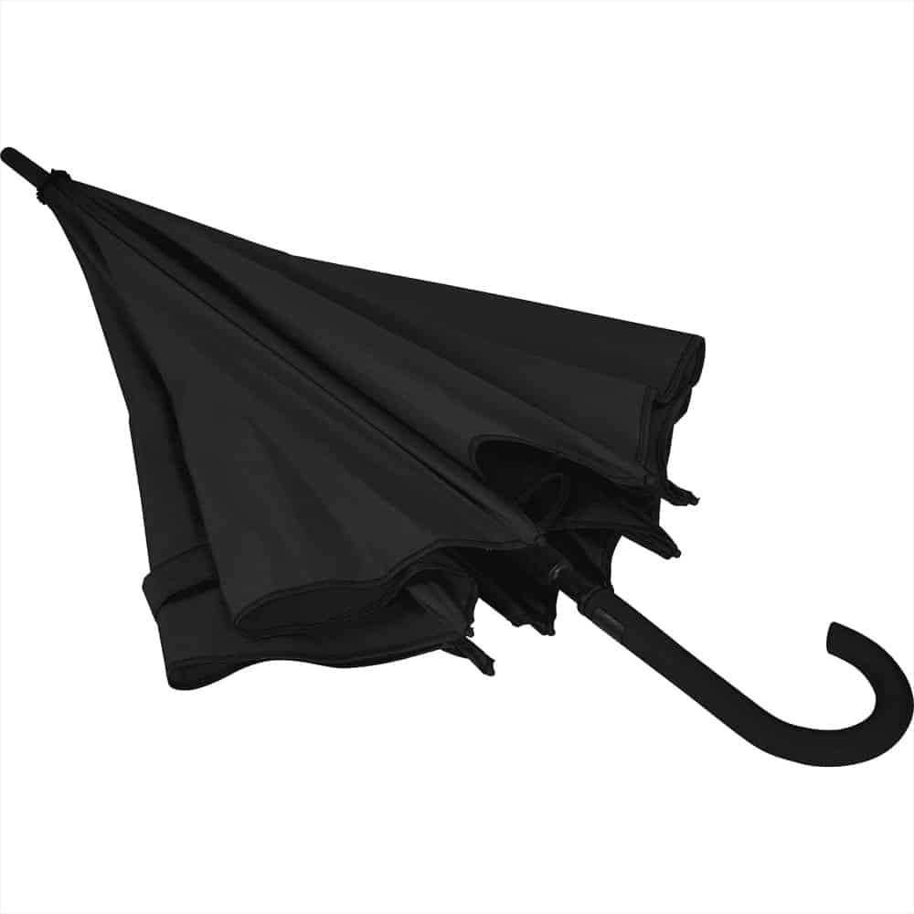 A black auto open umbrella with a curved handle and an umbrella canopy designed for leisure and outdoor use.