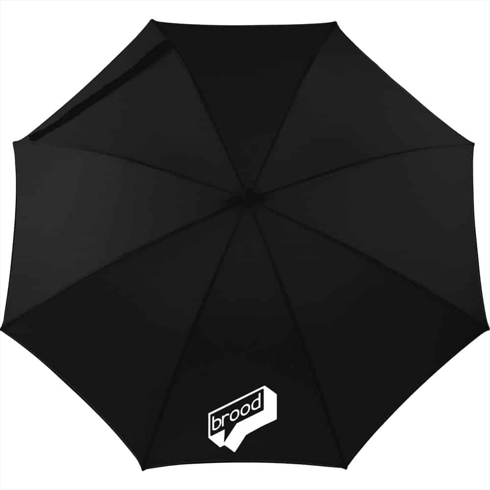 A black auto open fashion umbrella featuring a logo on the canopy. Ideal for leisure and outdoor use.