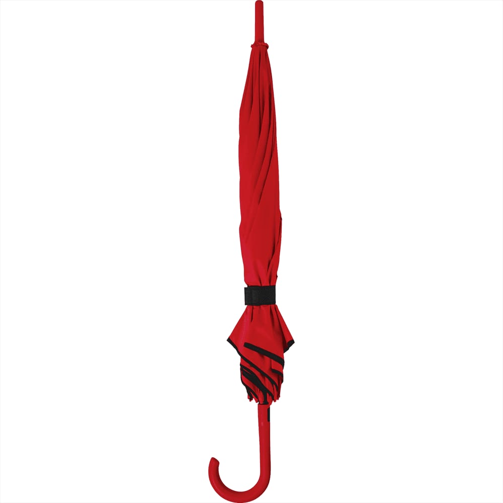A red fashion umbrella with a curved handle and a black strap, featuring logo branding.