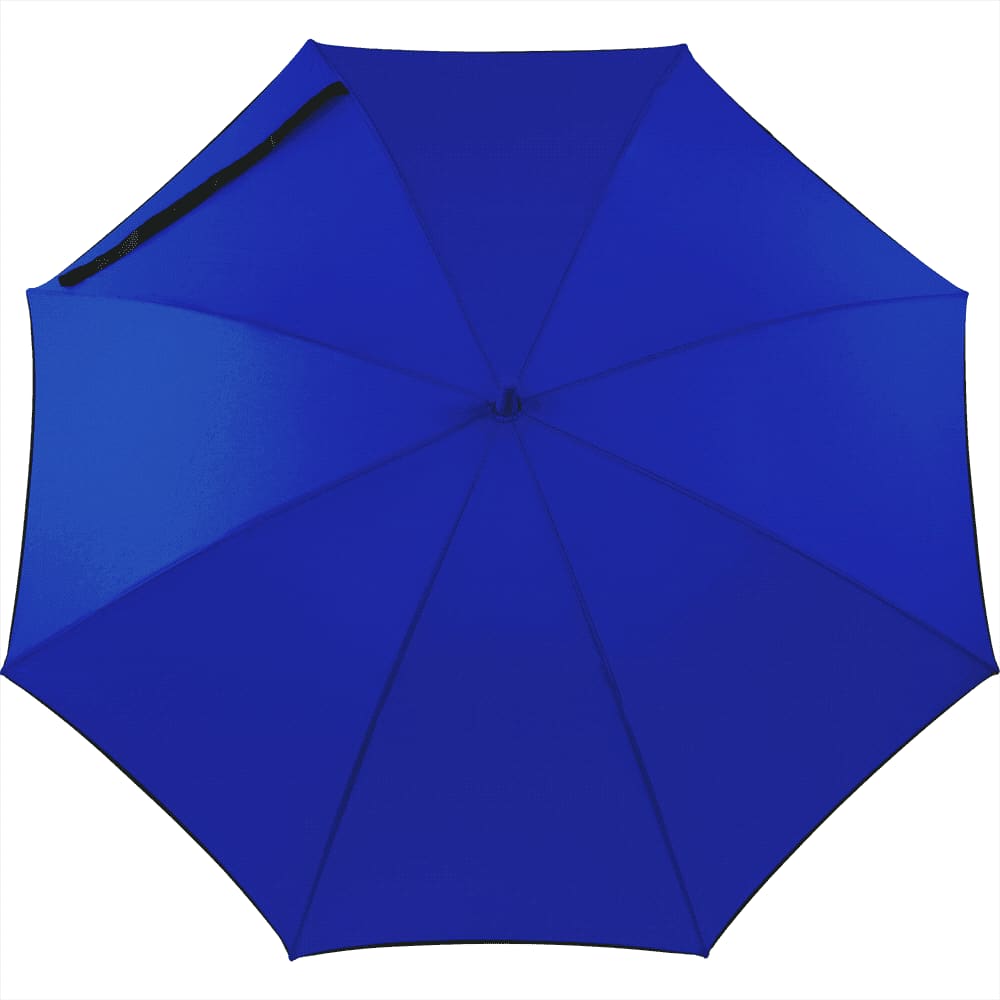 A blue auto open fashion umbrella with a black handle and a logo. Suitable for leisure and outdoor activities.