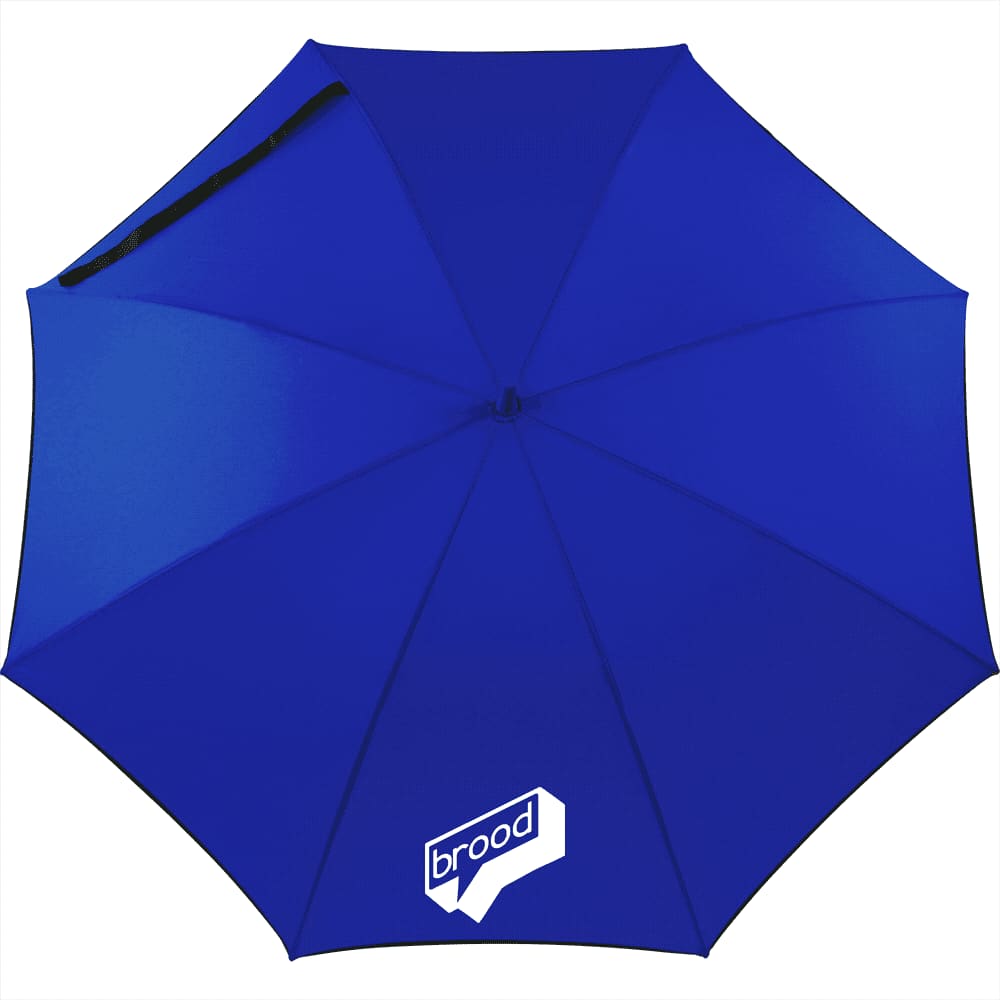 A blue auto open fashion umbrella with a logo on the canopy, designed for leisure and outdoor use.