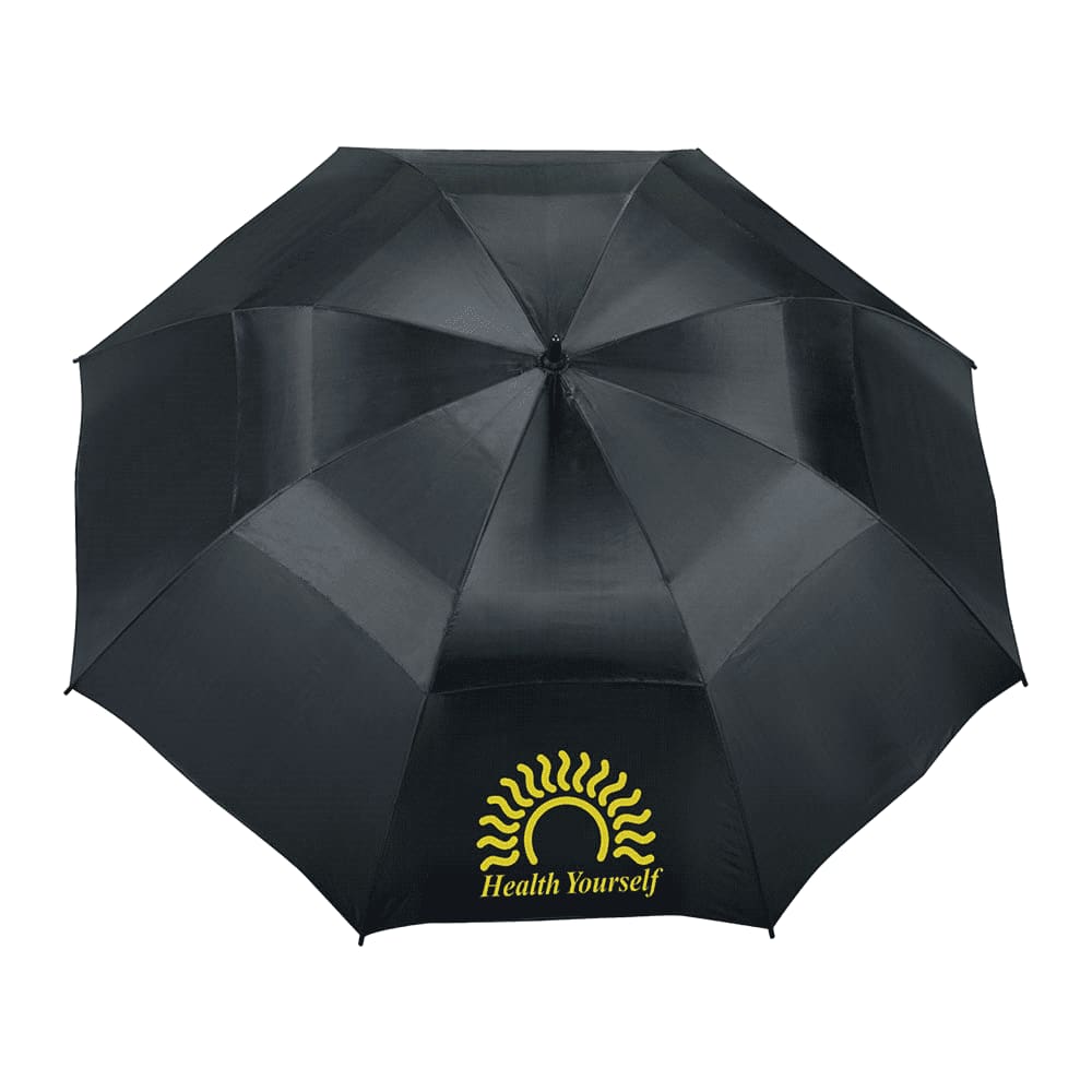 A navy blue vented golf umbrella with a black handle and a branding logo.