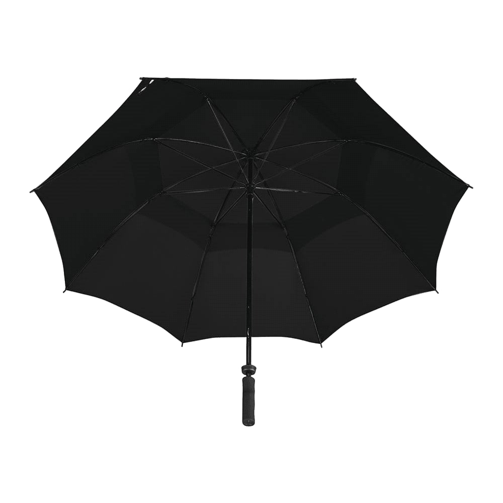 A navy blue vented golf umbrella with a sturdy structure and a central opening mechanism. It features a logo.