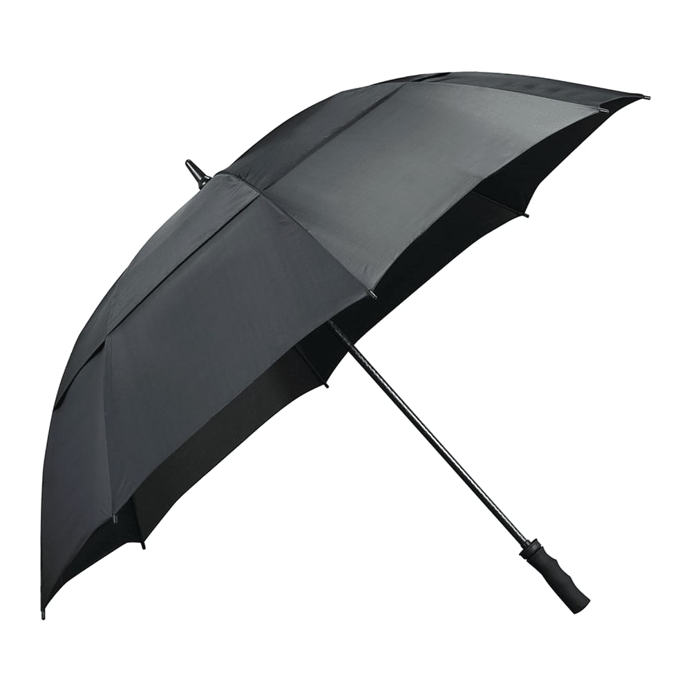 A navy blue vented golf umbrella featuring a logo with a diamond design.