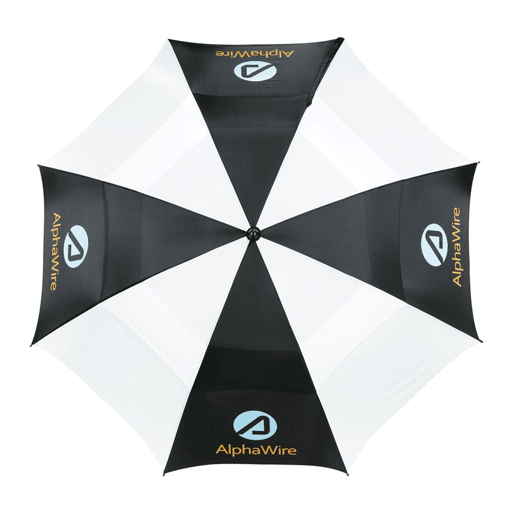 A black vented golf umbrella featuring a logo and a curved handle.
