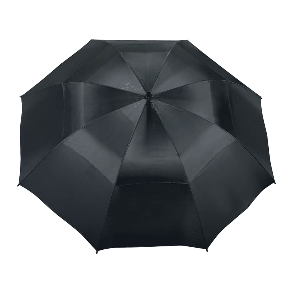 A black vented golf umbrella with an intricate design and a logo on one panel.