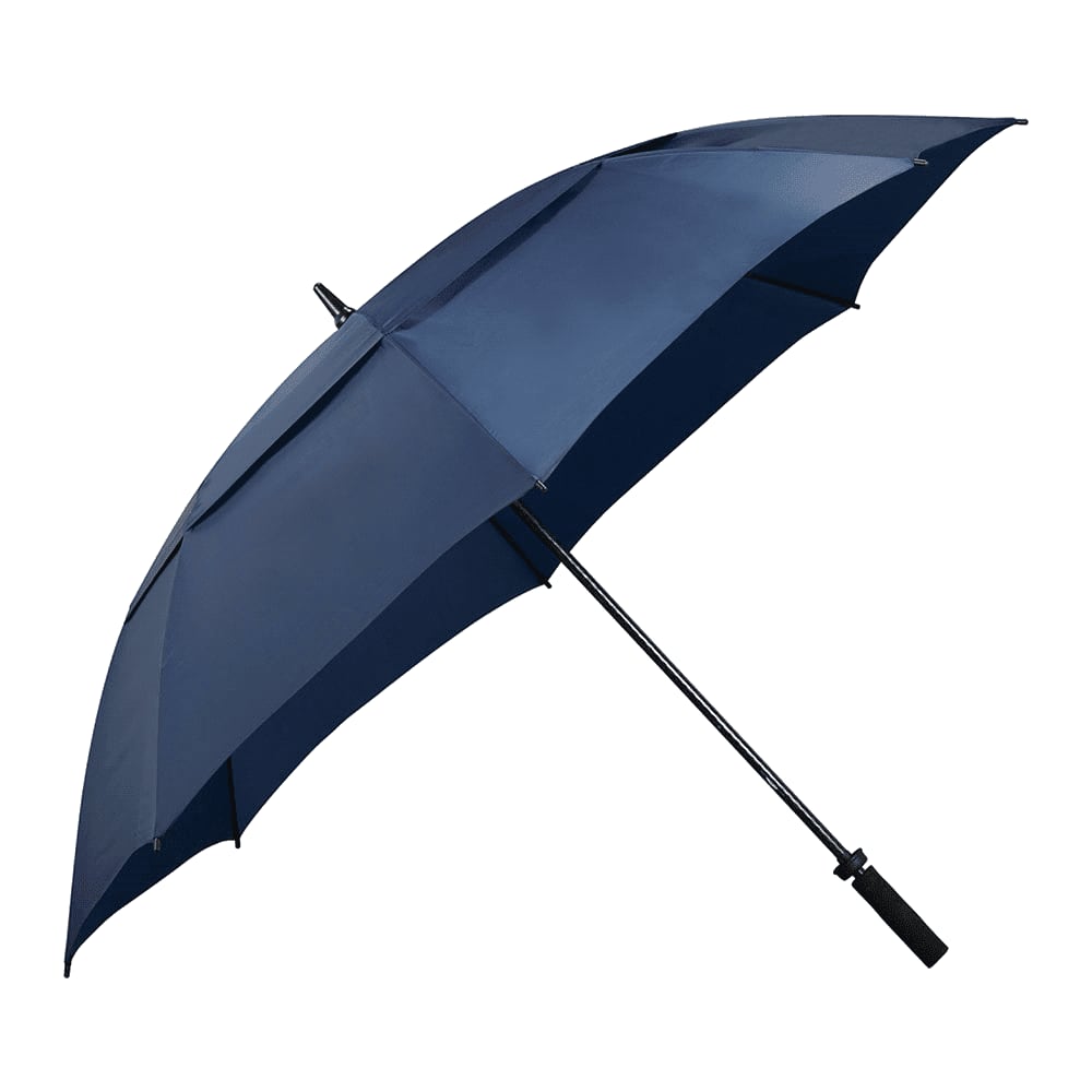 A navy and white vented golf umbrella with a logo, featuring an eight-panel design.