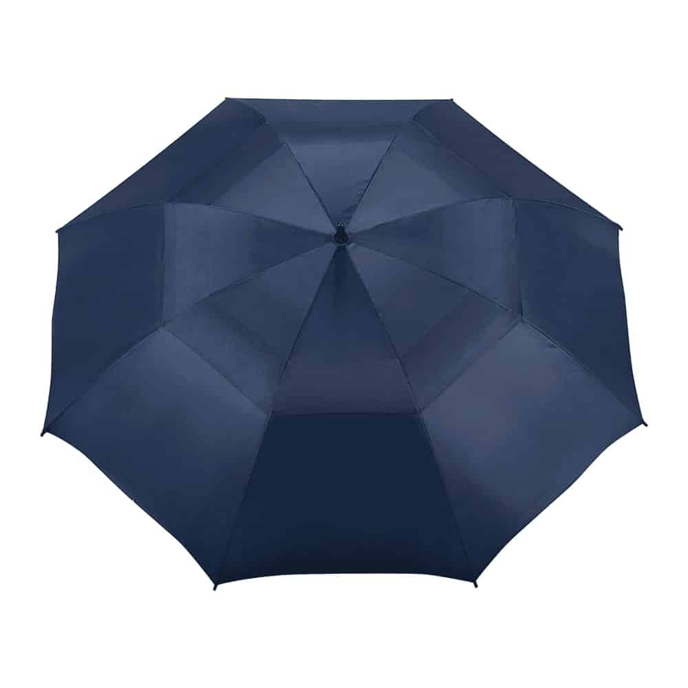 A black and white vented golf umbrella featuring a simple geometric design and a central button.