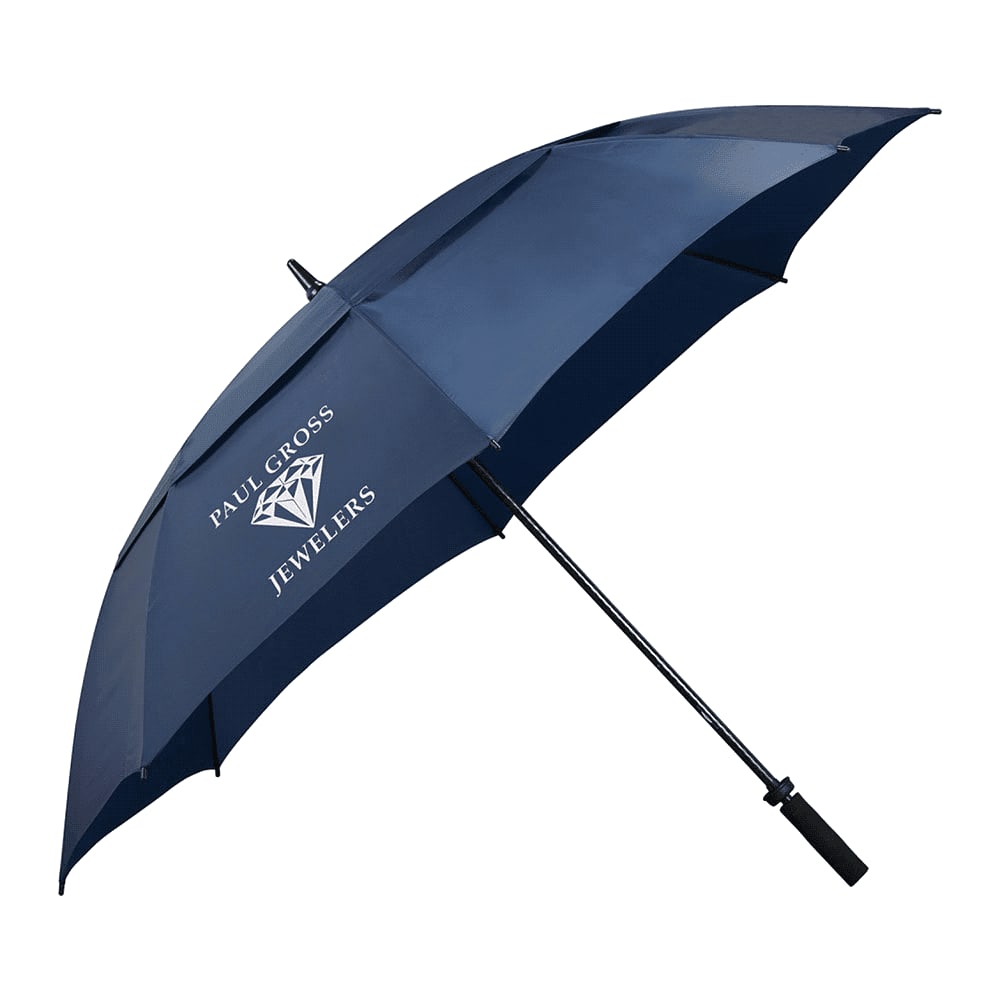 A navy blue vented golf umbrella with a sturdy handle and a curved canopy design. Features a logo on the handle.