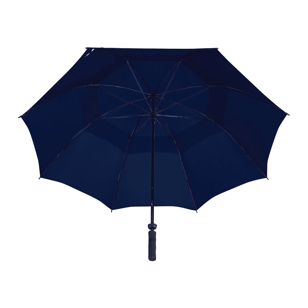 A vented golf umbrella featuring black and white panels and a logo.