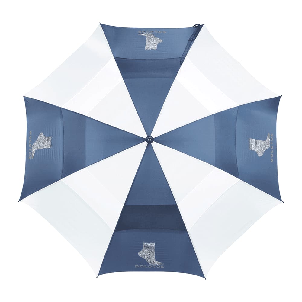 A vented golf umbrella featuring a black and white colour scheme, along with navy blue options. Includes branding.