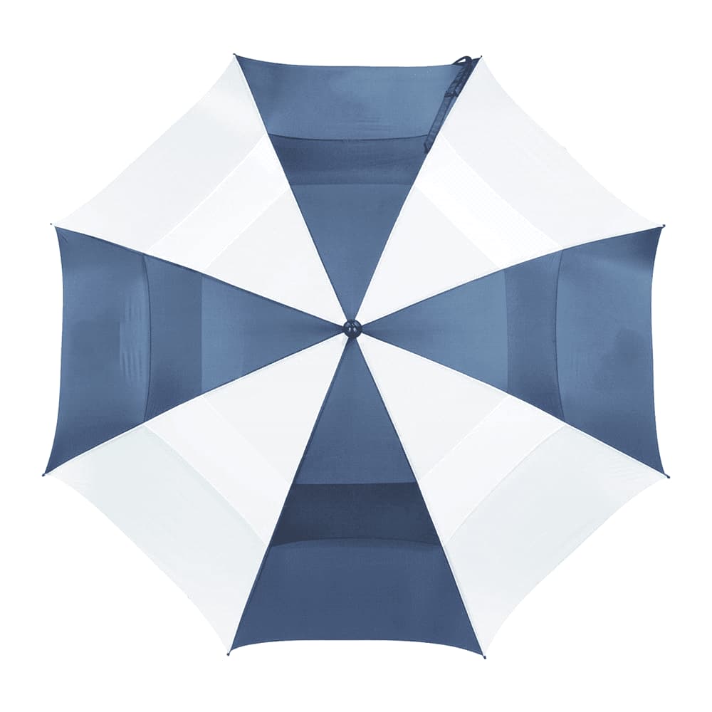 A black vented golf umbrella with a sturdy handle and a sleek design, featuring a logo on the cover.
