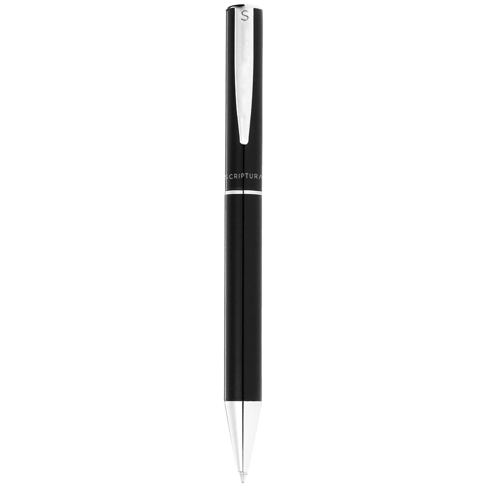 A black metal ballpoint pen with a silver clip and a logo on the barrel.