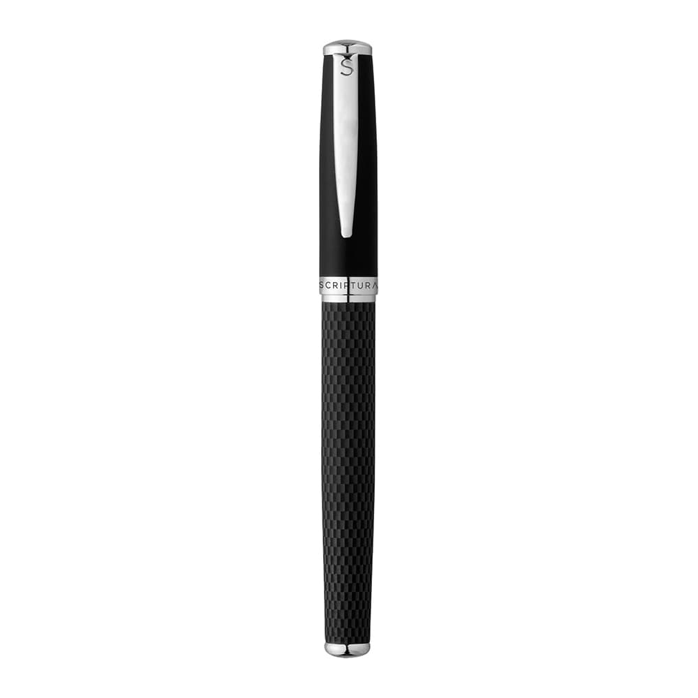 A black leather pen case featuring a zip closure and embossed branding. Designed for storing pens securely.