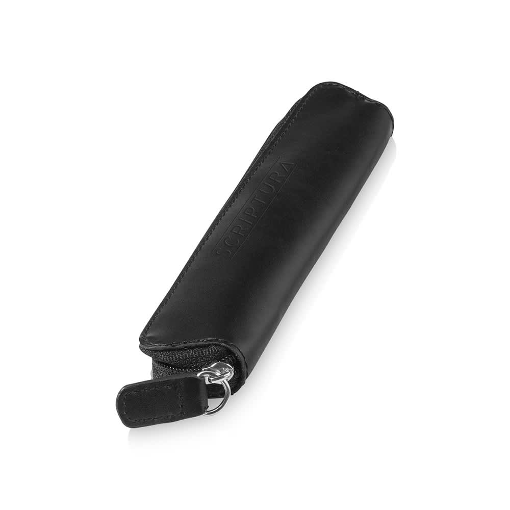 A black metal ballpoint pen with a textured grip and a silver clip, featuring a logo.